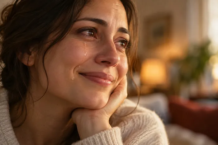 Pessoa a sorrir enquanto uma lágrima cai, representando uma memória feliz misturada com tristeza